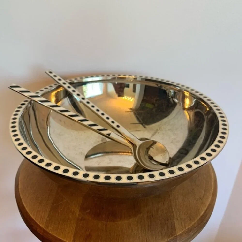 SOLD Kate Spade x Lenox Large Salad Bowl and Serving Utensils Silver Black White - Picture 1 of 16